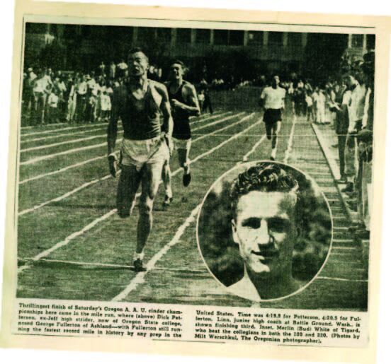 Dick Petterson breaks the string just ahead of George Fullerton in a 1946 record-breaking race